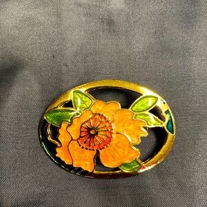 Vintage Cloisonné Gold Tone Brooch Pin  With Peachy Orange Flowers